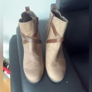 Women's Tan Suede Ankle Booties with Brown Strap Detail
